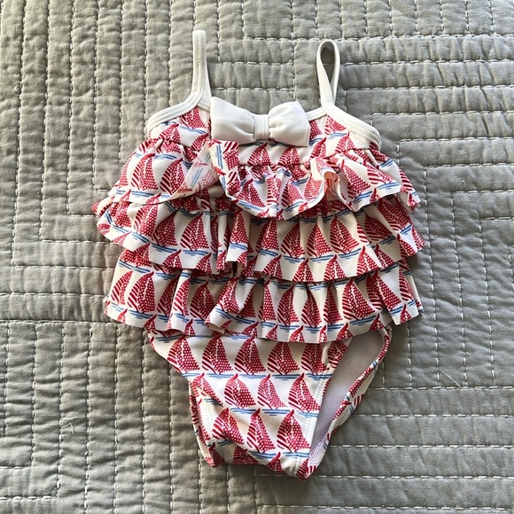 JANIE and JACK ~ Girls Ruffled Sail Boat One Piece Bathing Suit 3-6 Months - Picture 1 of 7